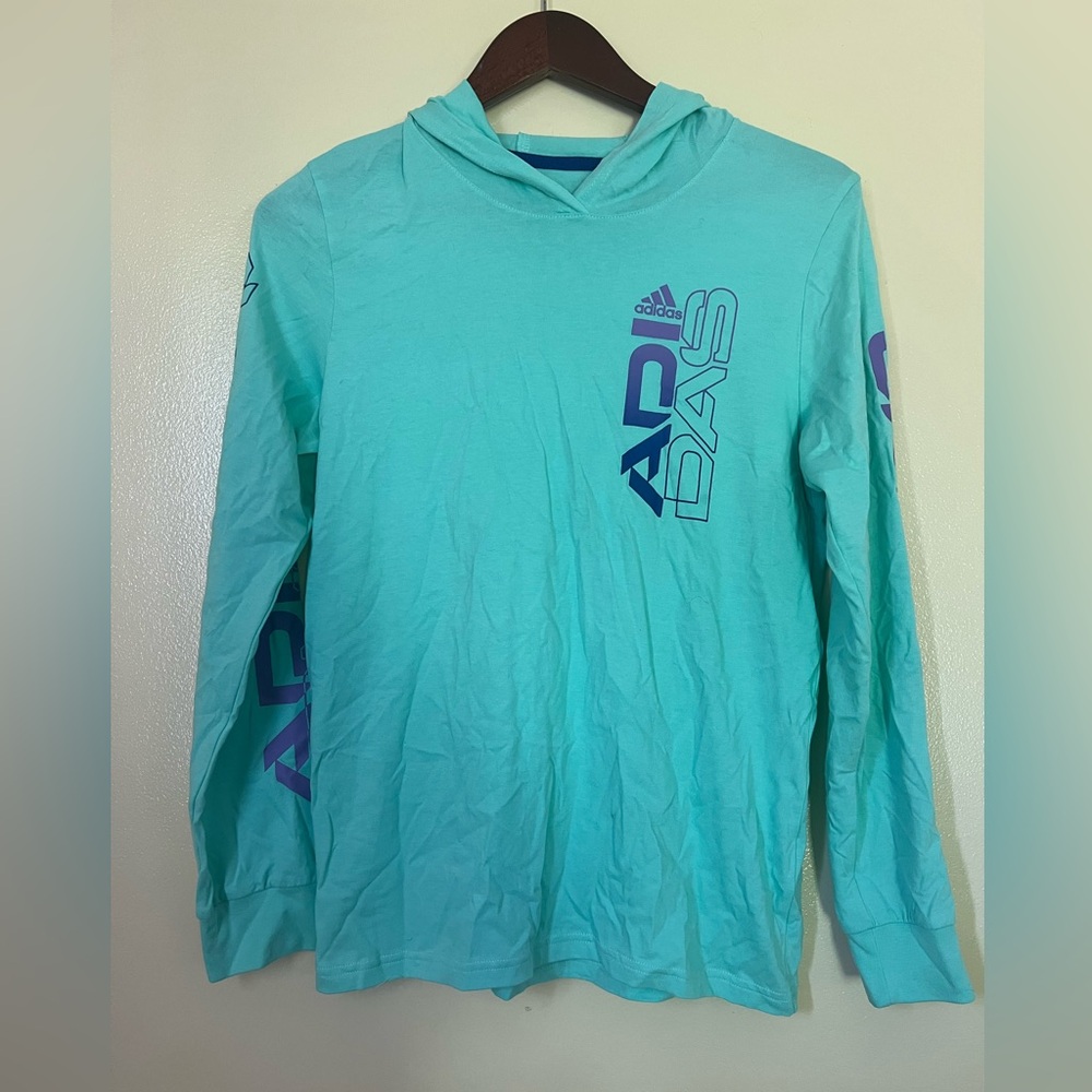 Adidas Lightweight Turquoise Hoodie with Blue Logo Size L